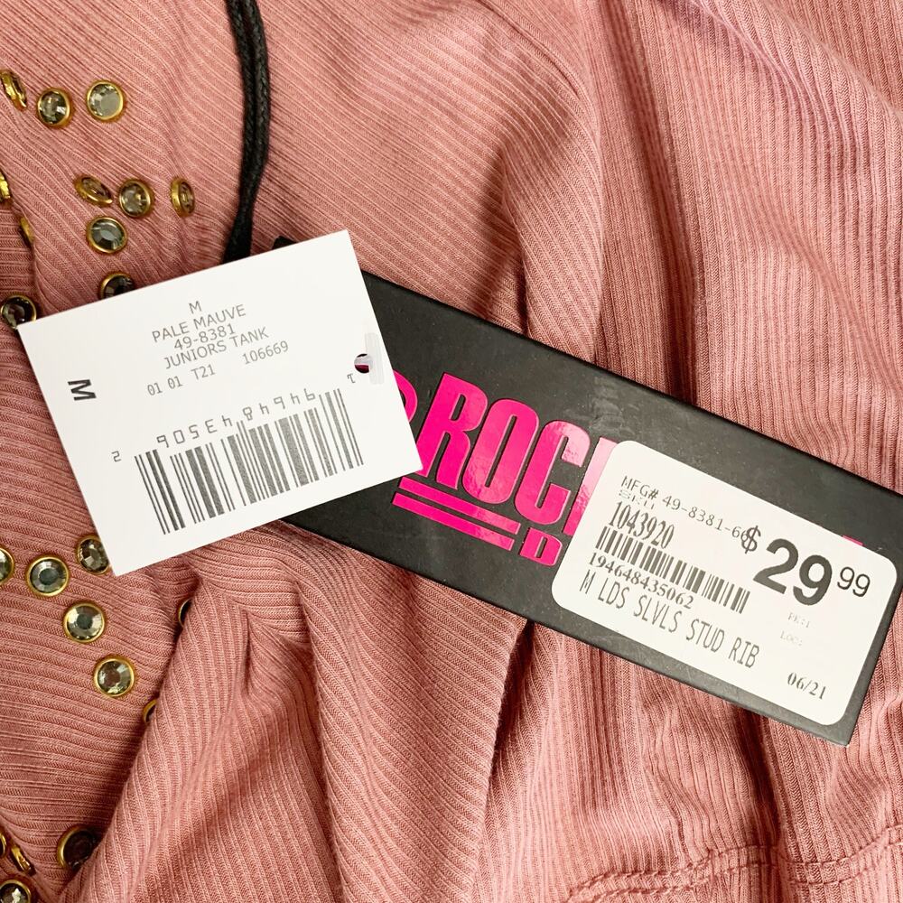 New Rock & Roll Denim Tank Top Studded Jewels Pink Ribbed Juniors M - Picture 6 of 6